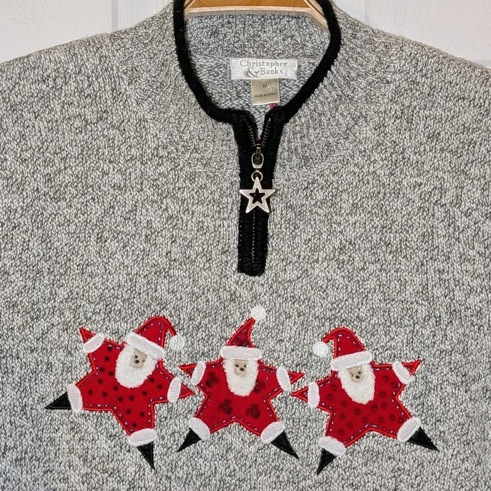 Christopher & Banks Christmas‎ Sweater Womens Medium Grey Santa Star Quarter Zip